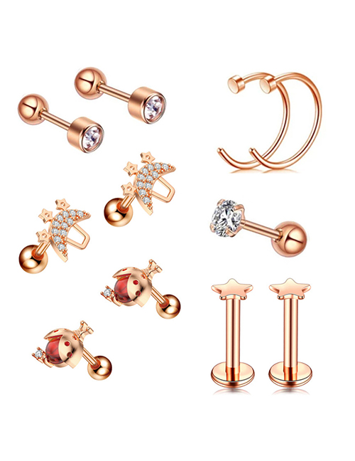 Fashion Rose Gold (set Of 3) Titanium Steel Set With Zirconium Geometric Piercing Stud Earrings Set