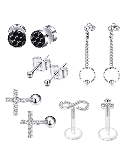 Fashion 10-piece Set (3 Sets) Titanium Diamond Cross Geometric Piercing Stud Earrings