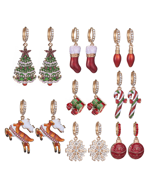 Fashion Eight Piece Set Alloy Diamond Drop Oil Cane Christmas Tree Christmas Socks Elk Snowflake Earrings Set