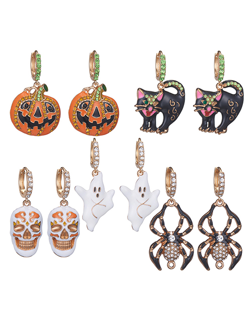 Fashion Five-piece Set Alloy Diamond Drop Oil Pumpkin Black Cat Ghost Spider Earring Set