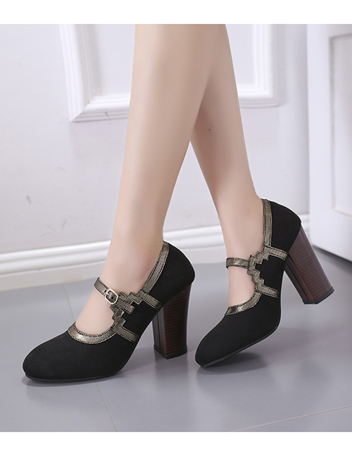 Fashion Black Velvet Mary Jane Stitching Contrast High-heeled Shoes