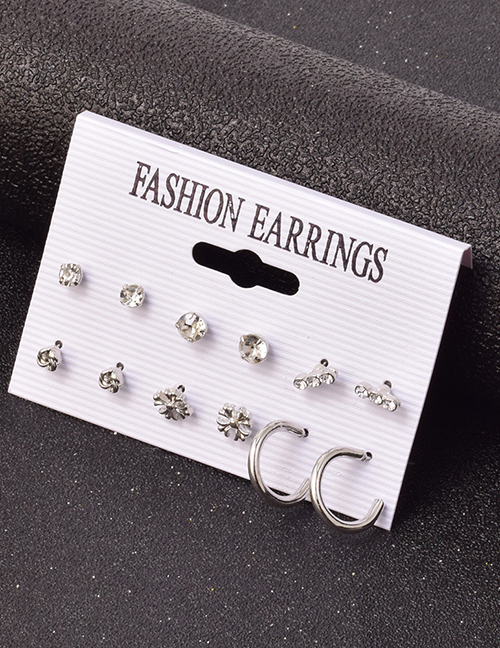 Fashion Silver Set Of Geometric Alloy Earrings With Rhinestones
