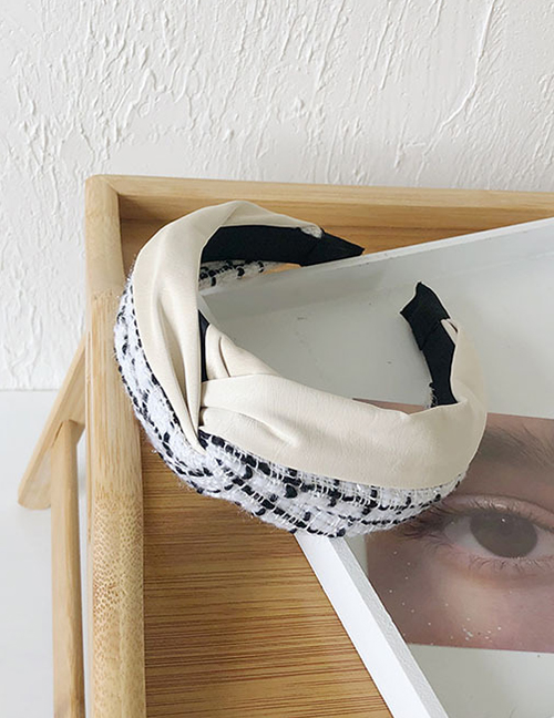 Fashion Plaid White Pu Leather Fabric Stitching Handmade Cross Knotted Lattice Headband