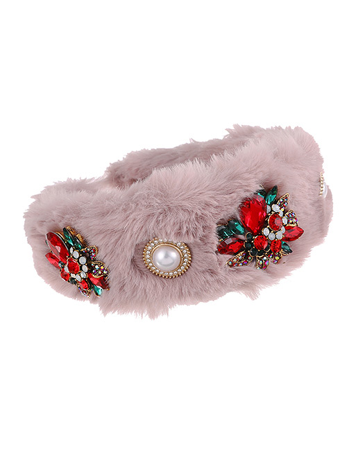 Fashion Light Pink Plush Alloy Diamond-studded Flower Pearl Headband