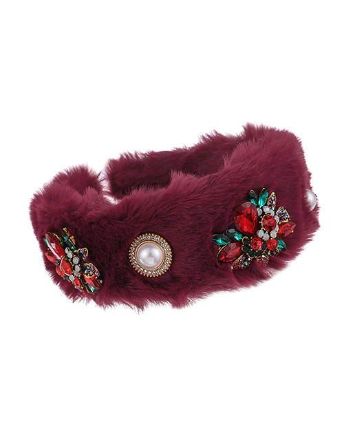 Fashion Red Wine Plush Alloy Diamond-studded Flower Pearl Headband