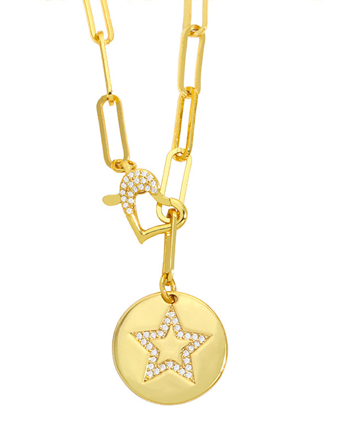 Fashion Five-pointed Star Pendant Love Heart Diamond-set Copper Gilded Round Necklace