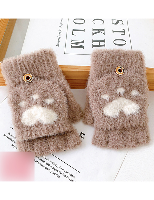 Fashion Coffee Color Cat Claw [5-12 Years Old] Plush Thickened Clamshell Fruit Embroidery Children Gloves