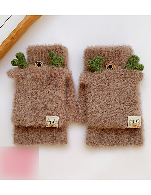Fashion Dark Brown Antlers [5-12 Years Old] Plush Thickened Clamshell Fruit Embroidery Children Gloves