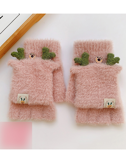 Fashion Pink Antlers [5-12 Years Old] Plush Thickened Clamshell Fruit Embroidery Children Gloves