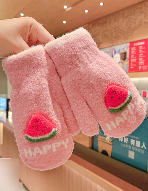 Fashion Fluorescent Green Korean Pink [3-6 Years Old] Plush Thickened Clamshell Fruit Embroidery Children Gloves