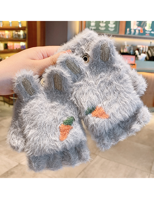 Fashion Grey Gloves [5-12 Years Old] Plush Thickened Clamshell Fruit Embroidery Children Gloves