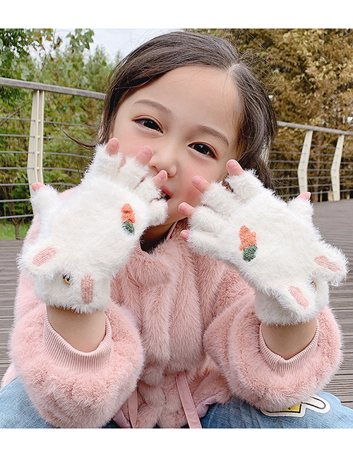Fashion White Gloves [5-12 Years Old] Plush Thickened Clamshell Fruit Embroidery Children Gloves