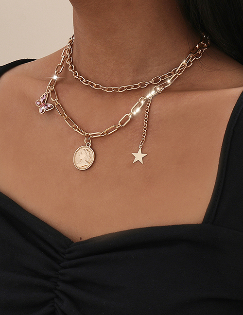Fashion Golden Portrait Hollow Butterfly Star Pendant Multilayer Necklace