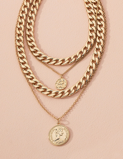 Fashion Gold Color Portrait Gold Coin Pendant Alloy Multilayer Necklace