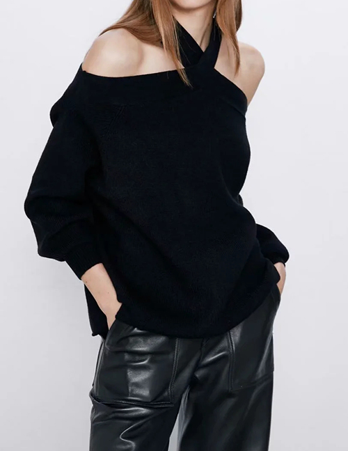 Fashion Black Cross Solid Color Strapless Loose Knit Sweater