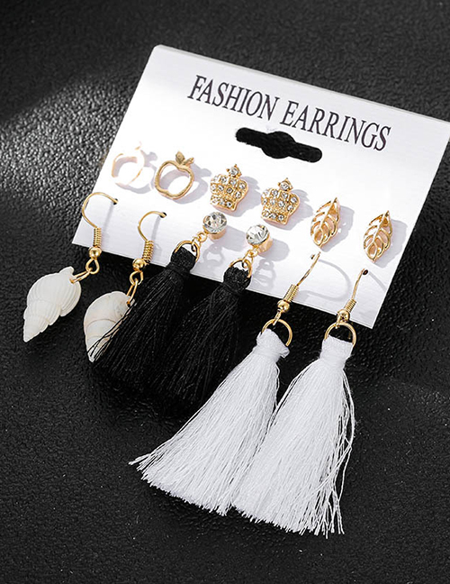 Fashion White Cotton Tassel Alloy Pearl And Diamond Geometric Stud Earrings Set