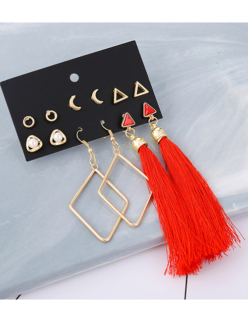 Fashion Red Tassel Long Alloy Diamond Pearl Geometric Earrings Set