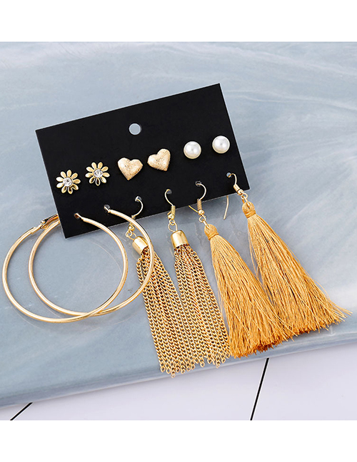 Fashion Khaki Tassel Long Alloy Diamond Pearl Geometric Earrings Set