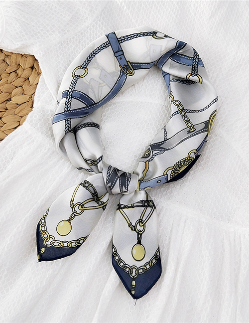 Fashion Chain Belt Navy Blue Imitation Silk Printing Contrast Small Square Scarf