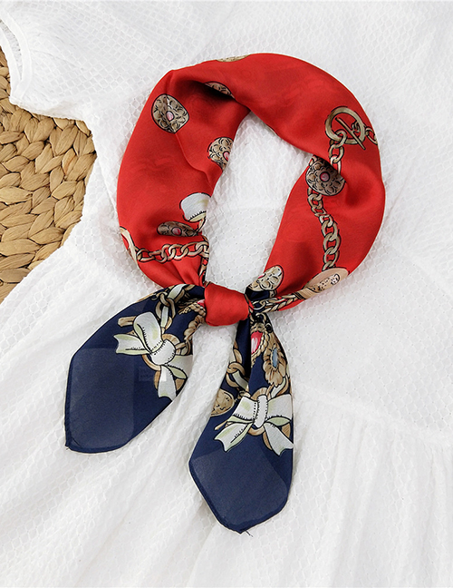 Fashion Bow Tie Chain Navy Imitation Silk Printing Contrast Small Square Scarf