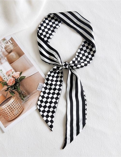 Fashion Grid Striped Black Printed Contrast Color Long Small Silk Scarf Ribbon Headband