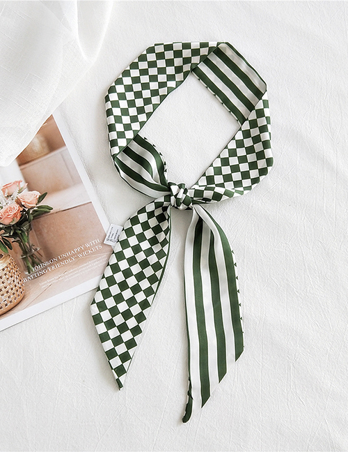 Fashion Grid Striped Green Printed Contrast Color Long Small Silk Scarf Ribbon Headband
