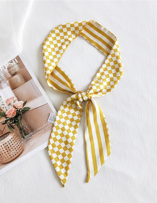 Fashion Grid Stripe Yellow Printed Contrast Color Long Small Silk Scarf Ribbon Headband