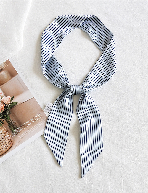 Fashion Plain Stripes Light Blue Printed Contrast Color Long Small Silk Scarf Ribbon Headband