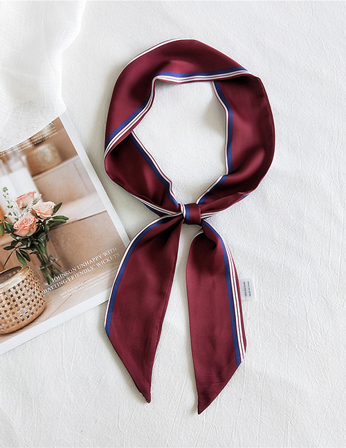 Fashion Three-sided Thin Wine Red Printed Contrast Color Long Small Silk Scarf Ribbon Headband