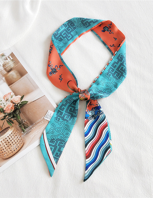 Fashion Totem Water Wave Green Orange Printed Contrast Color Long Small Silk Scarf Ribbon Headband
