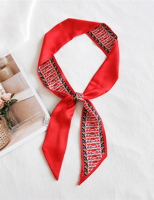 Fashion Red Lotus Printed Contrast Color Long Small Silk Scarf Ribbon Headband