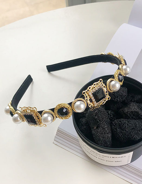 Fashion Black Square Pearl And Diamond Flower Geometric Headband