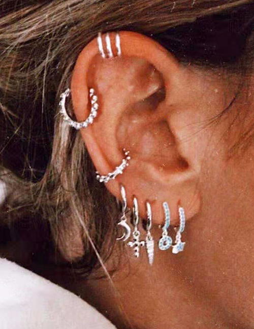 Fashion Silver Color Cross Star Moon Earrings 8-piece Set