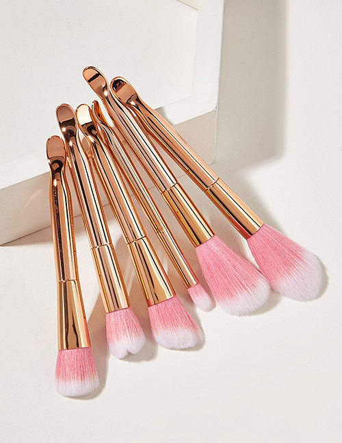 Fashion Rose Gold Color 6pcs Curved Ear Plastic Handle Aluminum Tube Nylon Hair Makeup Brush