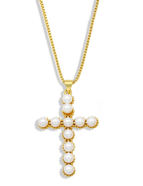 Fashion Cross 2 Cross Diamond Pearl Love Necklace