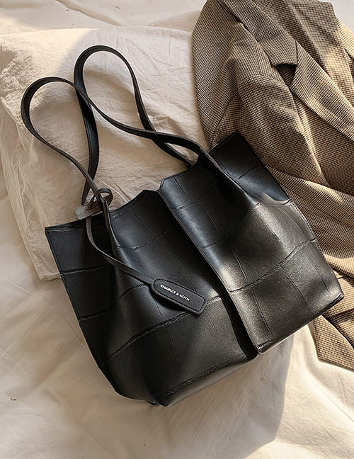 Fashion Black Large-capacity Stitching Geometric Shoulder Bag