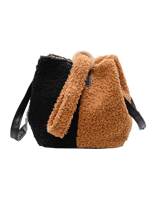 Fashion Black With Brown Lamb Wool Stitching Contrast Color Single Shoulder Messenger Bag