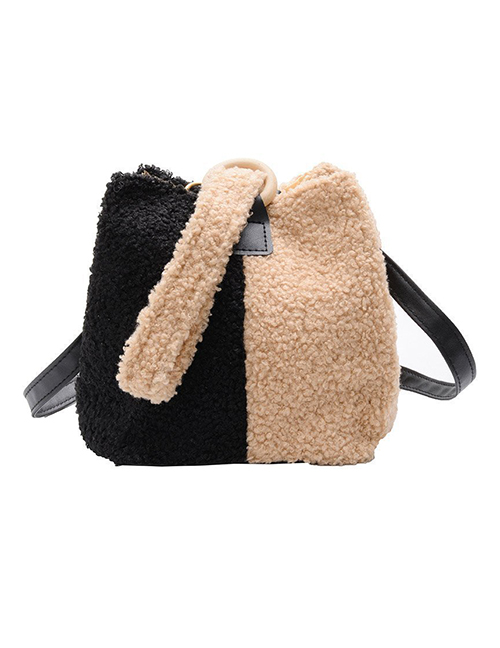 Fashion Black With Khaki Lamb Wool Stitching Contrast Color Single Shoulder Messenger Bag