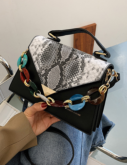 Fashion Black Contrast Snake Print Flap Crossbody Shoulder Bag