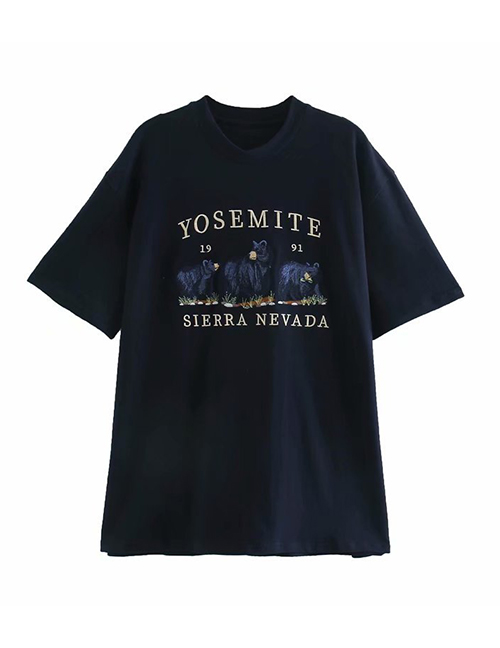 Fashion Navy Blue Bear Embroidery Loose Pullover T-shirt Top