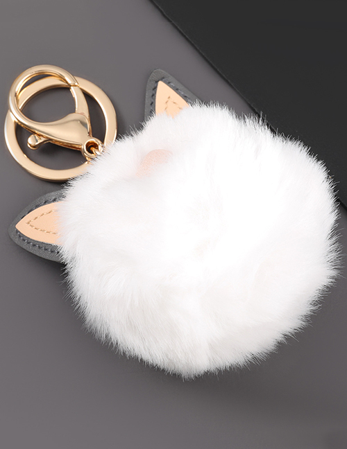 Fashion White Alloy Artificial Leather Cat Ear Round Hair Ball Keychain Pendant