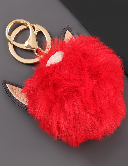 Fashion Red Alloy Artificial Leather Cat Ear Round Hair Ball Keychain Pendant