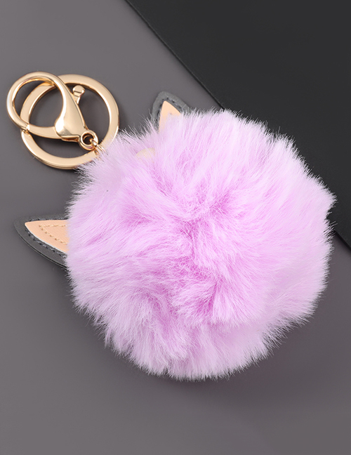 Fashion Lavender Alloy Artificial Leather Cat Ear Round Hair Ball Keychain Pendant