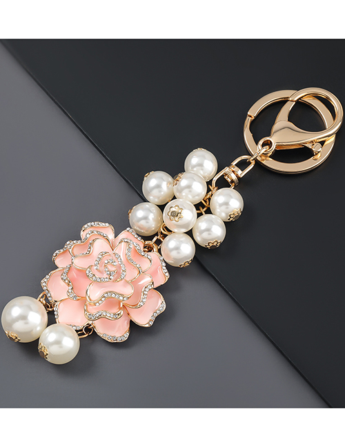 Fashion Pink Alloy Oil Drop Diamond Pearl Flower Keychain Pendant