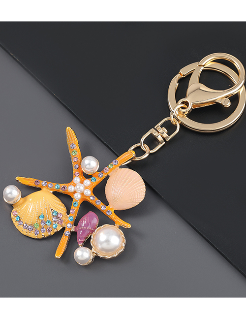 Fashion Yellow Alloy Diamond Pearl Starfish Shell Keychain Pendant