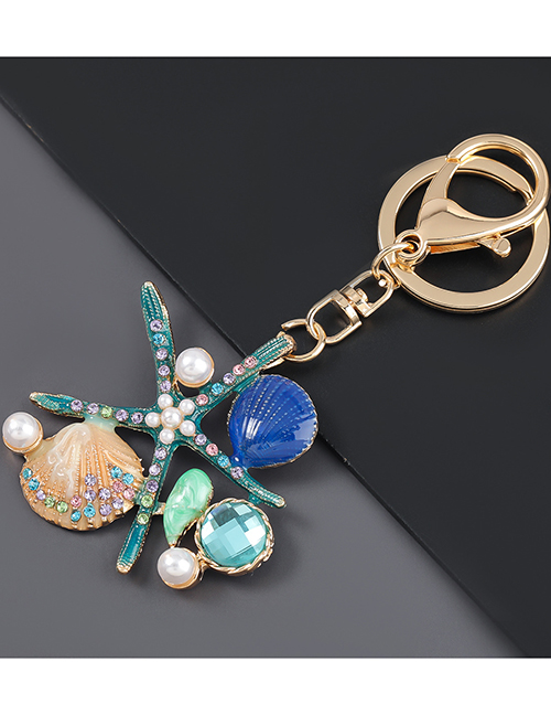 Fashion Blue Alloy Diamond Pearl Starfish Shell Keychain Pendant