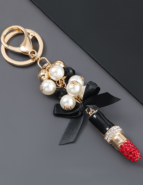 Fashion Red Alloy Diamond Pearl Lipstick Keychain Pendant