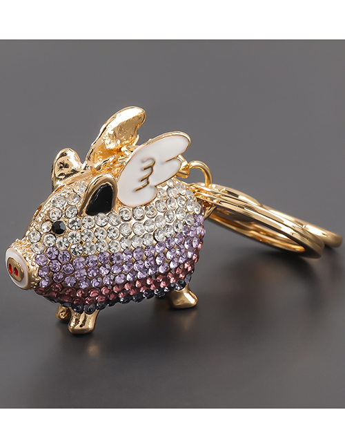 Fashion Purple Alloy Diamond Wings Flying Piggy Keychain Pendant