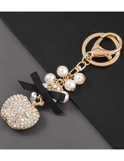 Fashion White Alloy Diamond Pearl String Apple Keychain Pendant