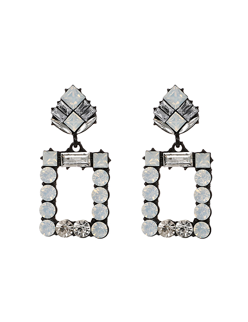 Fashion White Alloy Diamond Hollow Square Earrings